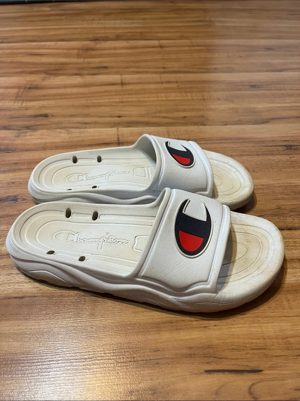 Champion White youth Slide Sandals with Red & Black Logo